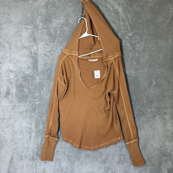 NWT Free People Hoodie XL Margo Bran Burnt Orange Waffle Knit Pullover V Neck - Picture 1 of 10